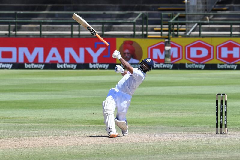 India's Rishabh Pant loses grip of his bat playing a shot. AFP