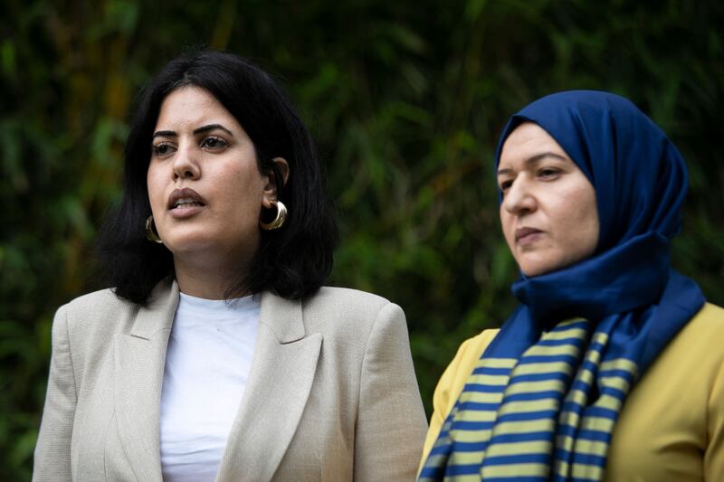 From left, Kaouther Ferjani and Yusra Ghannouchi, the daughters of prominent Tunisian political prisoners, have filed a case with Africa's human rights court seeking the immediate release of their loved ones. AFP