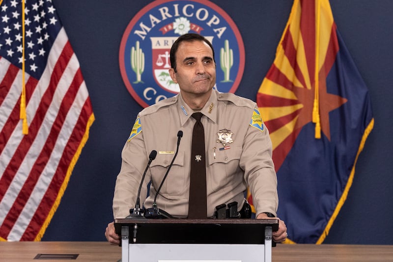 Sheriff Paul Penzone speaks as election officials and police hold a news conference to warn against 'false election narratives' in Phoenix, Arizona. EPA