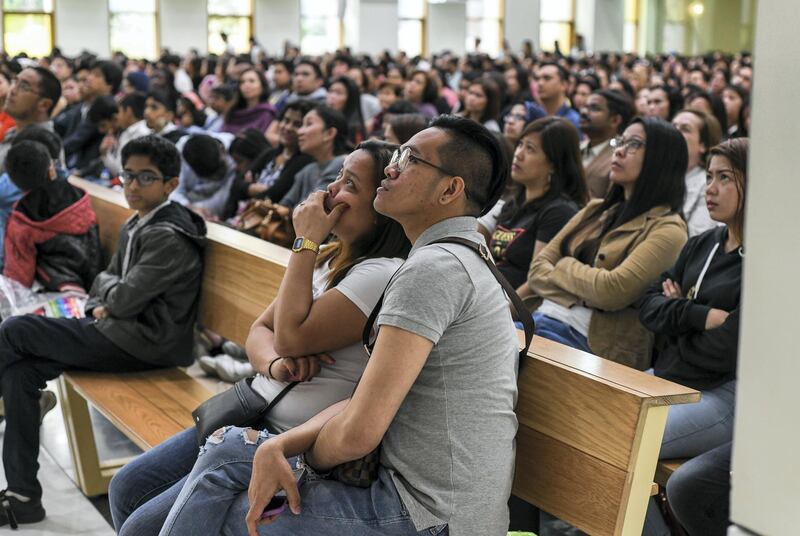 Abu Dhabi, United Arab Emirates - Worshippers view the historic Papal mass at St. JosephÕs Cathedral on February 5, 2019. Khushnum Bhandari for The National