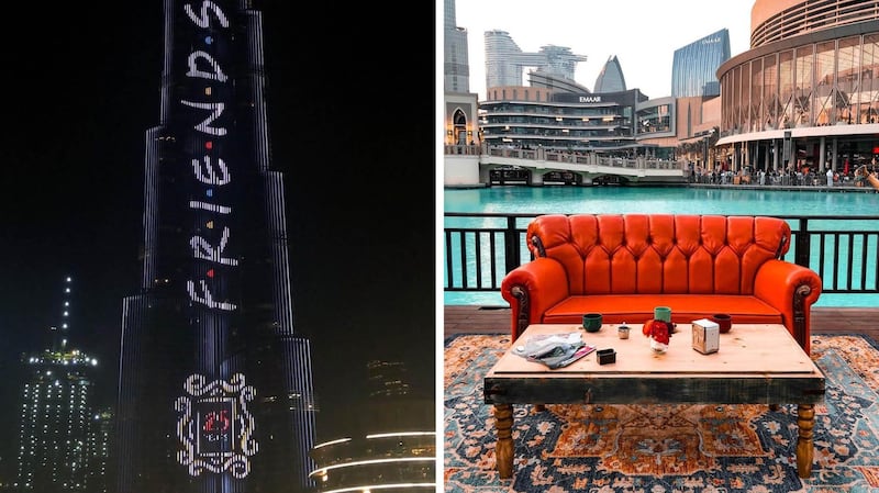The Burj Khalifa was lit with the 'Friends' logo to celebrate the 25th anniversary; and fans can sit on the famous orange Central Perk sofa with a Dubai Fountain and Burj Khalifa backdrop. Instagram 