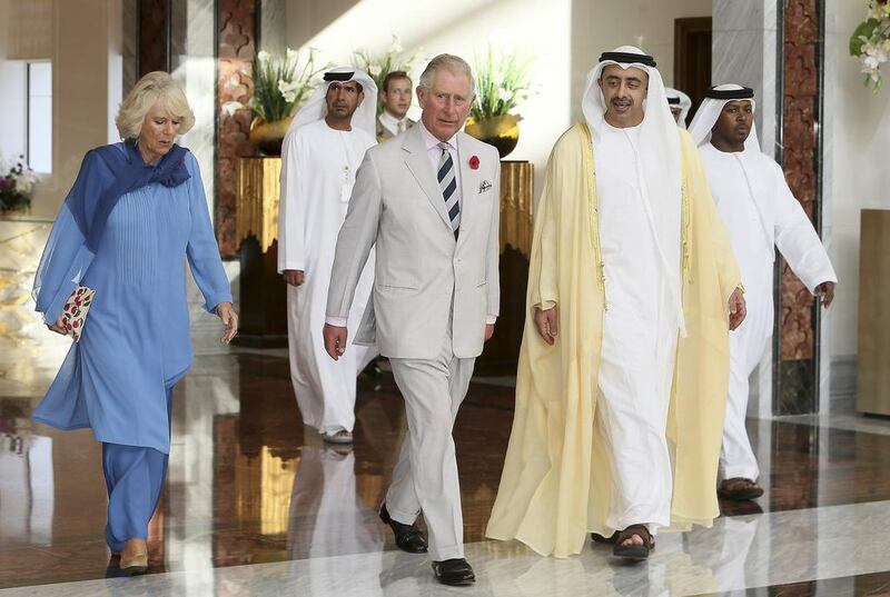 Sheikh Abdullah bin Zayed, receives Prince Charles, the Prince of Wales and The Duchess of Cornwall, upon their arrival at the Presidential Airport commencing an official visit to the UAE. Pawan Singh for the Crown Prince Court - Abu Dhabi