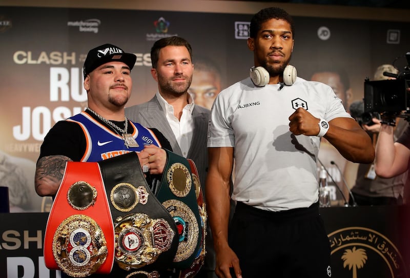 Eddie Hearn with Andy Ruiz Jr and Anthony Joshua in Saudi Arabia on Wednesday. Getty