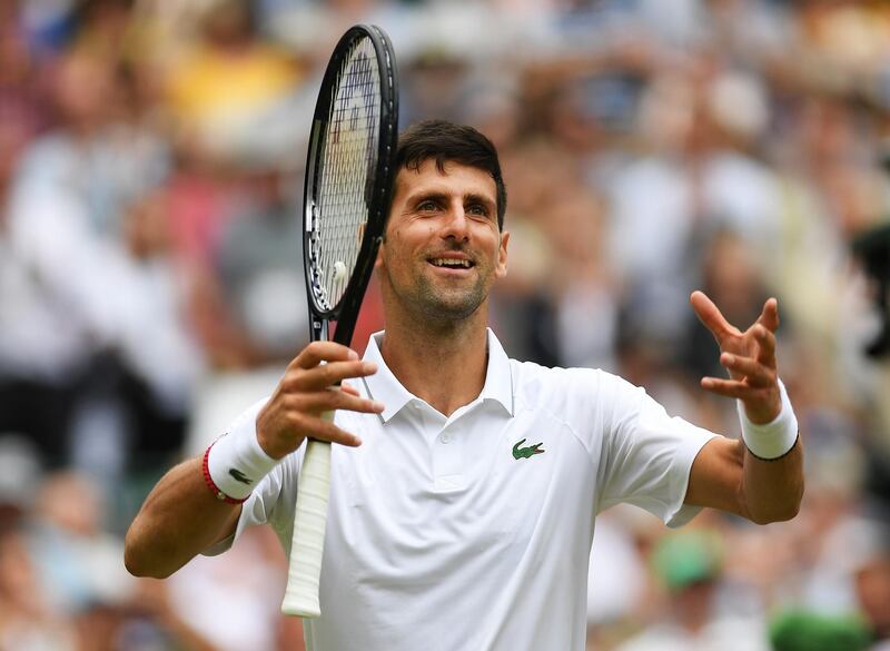 LONDON, ENGLAND - JULY 08:  Novak Djokovic of Serbia celebrates victory in his Men's Singles fourth round match against Ugo Humbert of France during Day Seven of The Championships - Wimbledon 2019 at All England Lawn Tennis and Croquet Club on July 08, 2019 in London, England. (Photo by Shaun Botterill/Getty Images)