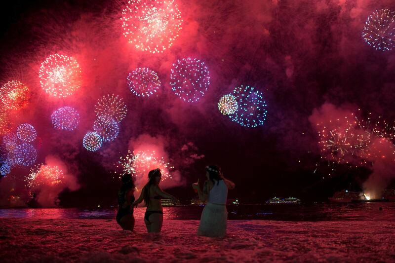 New Year fireworks explode over Copacabana beach  in Rio de Janeiro, Brazil. Lucas Landau / Reuters