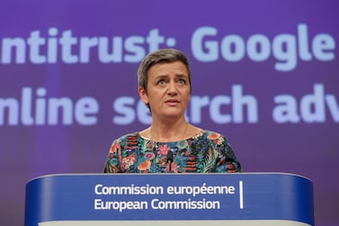 EU commissioner for competition, Margrethe Vestager speaks at a news conference on the concurrence case with Google online search advertising, at the European Commission in Brussels. EPA