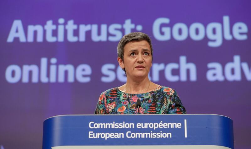 epa07450248 EU Commissioner for Competition Margrethe Vestager, from Denmark, speaks at a news conference on the concurrence case with Google online search advertising, at the European Commission in Brussels, Belgium, 20 March 2019. The EU on 20 March 2019 fined Google with a fine of 1.5 billion US dollars over search engine advertising in the 'AdSense for Search' subsection.  EPA/STEPHANIE LECOCQ