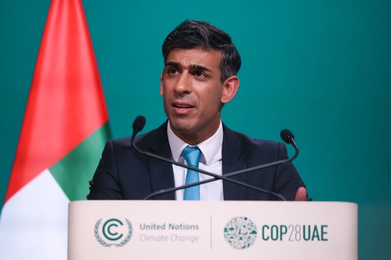 UK Prime Minister Rishi Sunak speaks during a high-level segment on day two of the Cop28 climate conference at Expo City Dubai. Bloomberg
