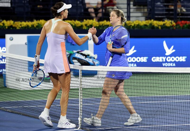 Dubai, United Arab Emirates - Reporter: John McAuley: Kim Clijsters (R) and Garbi–e Muguruza shake hands at the end of the game between Kim Clijsters and Garbi–e Muguruza in the Dubai Duty Free Tennis Championship. Monday, February 17th, 2020. Dubai Duty Free Tennis stadium, Dubai. Chris Whiteoak / The National