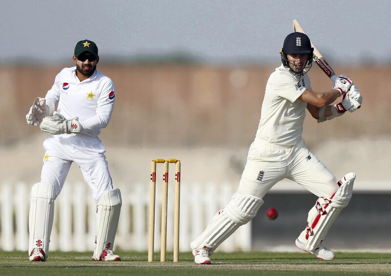 Abu Dhabi, United Arab Emirates - November 18, 2018: England's Mark Wood bats in the game between Pakistan A and the England Lions. Sunday the 18th of November 2018 at the Nursery Oval, Zayed cricket stadium, Abu Dhabi. Chris Whiteoak / The National