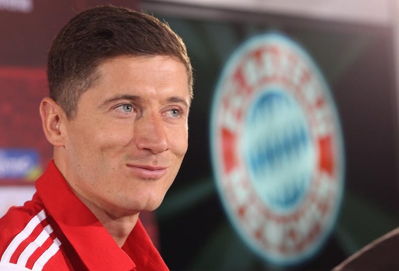 New Bayern Munich striker Robert Lewandowski shown during his presentation to the media at the Bayern Munich training grounds on Wednesday. Alexandra Beier / Bongarts / Getty Images