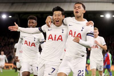 Son Heung-min celebrates scoring for Tottenham Hotspur against Crystal Palace on October 27, 2023. Getty Images