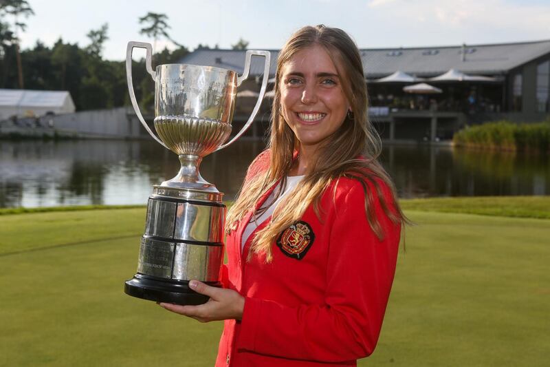 epa07029491 A handout photo made available by the European Golf Association 18 September 2018 of Spanish golfer Celia Barquin Arozamena with the winner's trophy at the . European Ladies' Amateur Championship at Penati Golf Resort, Slovakia, 28 July 2018. Arozamena's body was found on the Coldwater Links Golf Course in Ames, Iowa 17 September 2018 after golfers found her abandoned golf bag in the middle of a fairway.  EPA/EGA HANDOUT  HANDOUT EDITORIAL USE ONLY/NO SALES