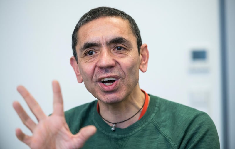 Ugur Sahin, CEO of Biontech, gestures during an interview in Mainz, Germany, Wednesday, Nov. 27, 2019. The chief executive of BioNTech says the German pharmaceutical company is confident that its coronavirus vaccine works against the UK variant, but further studies are need to be completely sure. (Andreas Arnold/dpa via AP)