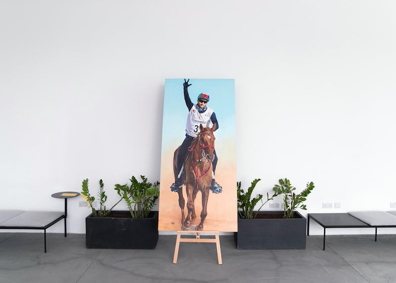 DUBAI, UNITED ARAB EMIRATES. 24 JULY 2019.A painting of fazaa displayed at the recently opened Al Safa Art and Design Library offers over 4,000 titles, group workspaces, meeting areas, a cafe, an art gallery, a lounge area, and a children’s library. (PHOTO: REEM MOHAMMED / THE NATIONAL)