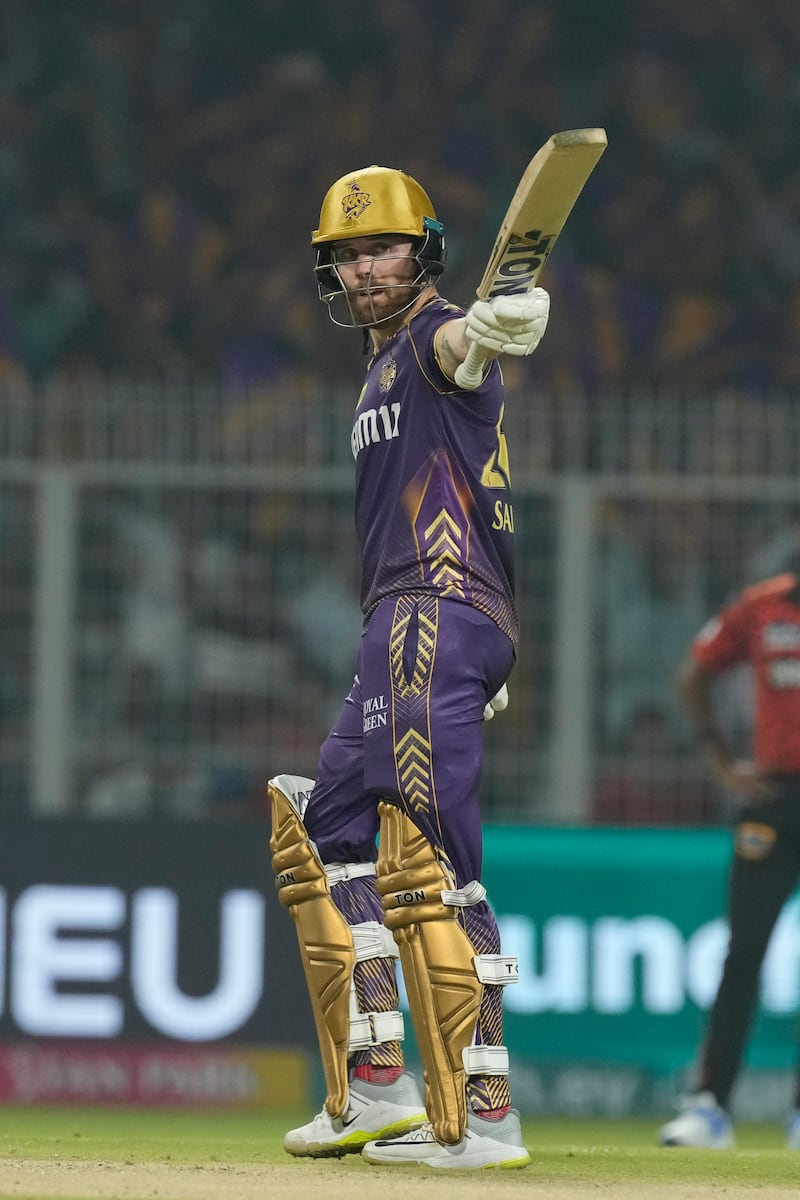 Kolkata Knight Riders' Phil Salt celebrates his fifty. The opener made 54 off 30 balls before he was caught by Marco Jansen off the bowling of Mayank Markande. AP 