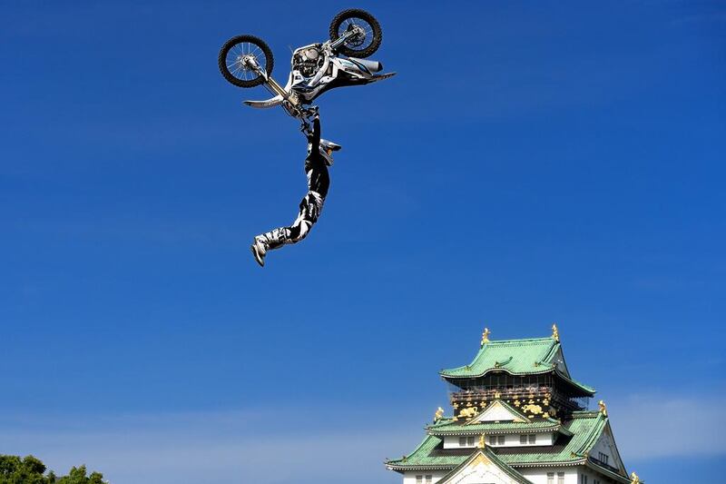 Remi Bizouard of France with a Kawasaki KXF450 competing during qualifying for the Red Bull X-Fighters World Tour on Saturday in Osaka. Thananuwat Srirasant / Getty Images / May 24, 2014