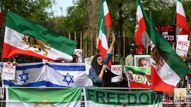 Protesters in London call for Iran's Islamic Revolutionary Guard Corps to be listed as terrorists after the drone and missile attack on Israel. Getty Images
