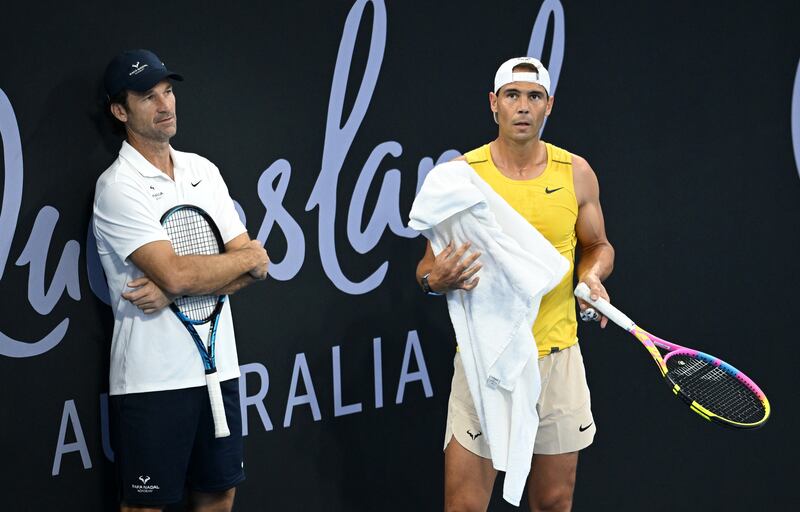Rafael Nadal with coach Carlos Moya at the Queensland Tennis Centre in Brisbane. EPA