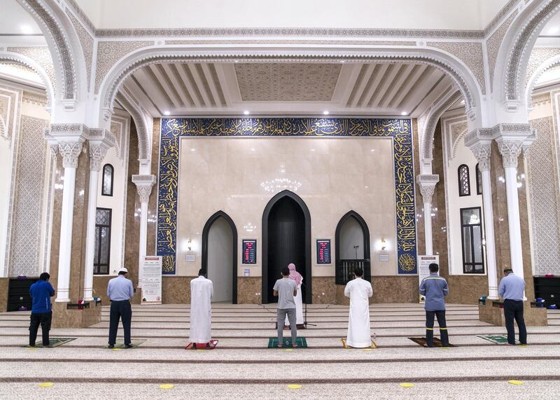 DUBAI, UNITED ARAB EMIRATES. 30 JULY 2020. 
Al Maghreb prayer in Al Khair Masjid on Arafat day.
(Photo: Reem Mohammed/The National)

Reporter:
Section: