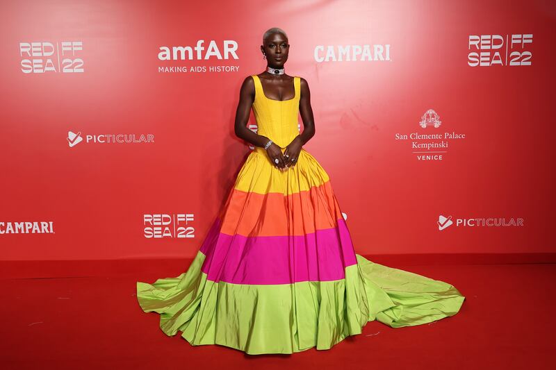 Jodie Turner-Smith in a striped gown.  Getty 