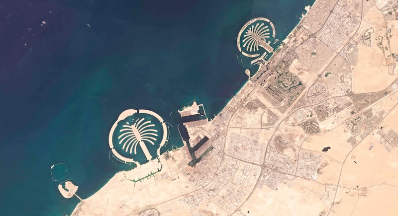 This September 2021 satellite photo shows southern Dubai. Right to left, you can see Palm Jebel Ali, Jebel Ali Port, Dubai Marina and Palm Jumeirah. Photo: Planet Labs