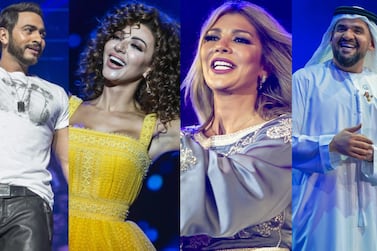 From left: Tamer Hosny, Myriam Fares, Assala and Hussain Al Jassmi will perform at the Etihad Arena in Abu Dhabi as part of Eid Al Adha celebrations. Wam, Getty Images, Mawazine Festival