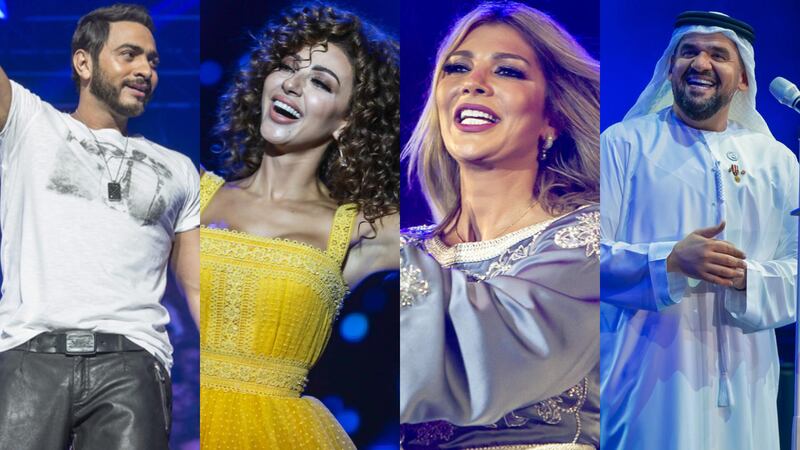 From left: Tamer Hosny, Myriam Fares, Assala and Hussain Al Jassmi will perform at the Etihad Arena in Abu Dhabi as part of Eid Al Adha celebrations. Wam, Getty Images, Mawazine Festival