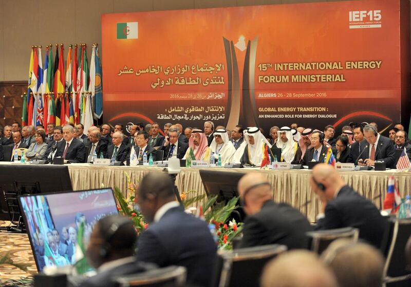 Energy ministers from OPEC and other oil-producing countries at the International Energy Forum Ministerial meeting in Algeria. Sidali Djarboub / AP