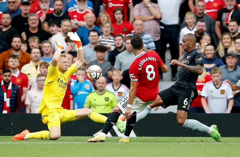 ARSENAL RATINGS: Aaron Ramsdale 6: No sign of problem that made him injury doubt. Blocked early Sancho strike with legs in 10th minute and forced into good save from Fernandes in second half after gifting the ball to United with woeful pass out. No chance with goals as defence was pulled apart each time. Reuters