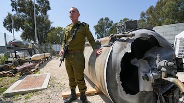 One of the Iranian ballistic missiles that Israel intercepted, at Julis army base, southern Israel. AP