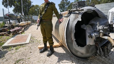 One of the Iranian ballistic missiles that Israel intercepted, at Julis army base, southern Israel. AP