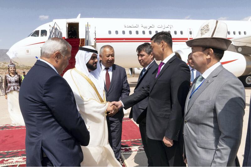 Sheikh Mohammed bin Hamad bin Mohammed Al Sharqi arrives ahead of the opening ceremony of the third World Nomad Games at the beginning of a visit to Kyrgyzstan. WAM