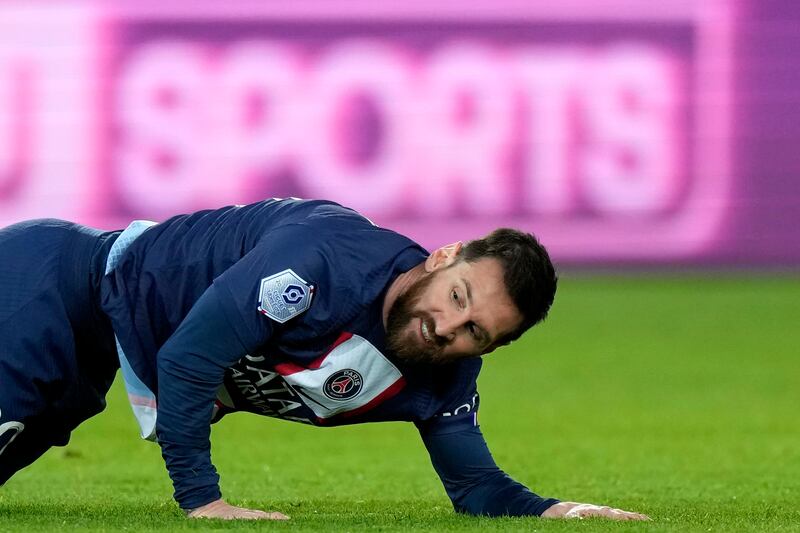 Lionel Messi takes a tumble against Angers at the Parc des Princes. AP
