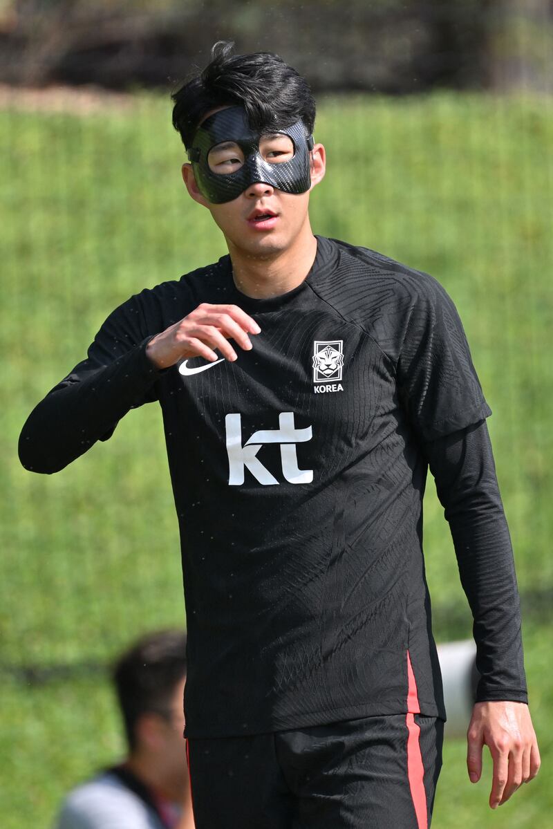 Son Heung-min wears a face mask during training. AFP