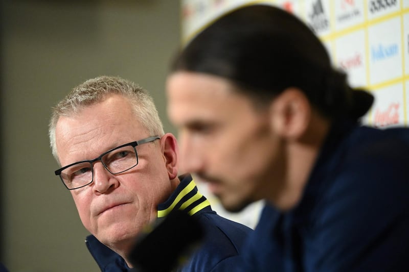 Janne Andersson, head coach of Sweden's national team, and Sweden's forward Zlatan Ibrahimovic. AFP