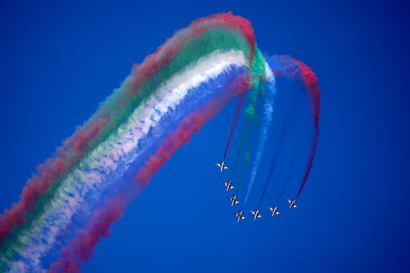 Al Fursan, or the Knights, the UAE's Air Force aerobatic display team, perform during the 2023 Dubai Airshow. AP