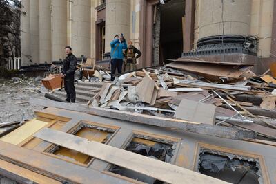 The damaged city hall in Kharkiv on Tuesday. AFP