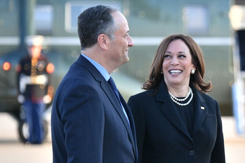 US Vice President Kamala Harris and her husband Doug Emhoff make their way to board a flight before departing from Andrews Air Force Base in Maryland .  - Vice President Harris is heading to Shanksville, Pennsylvania to attend a 9/11 commemoration.  AFP