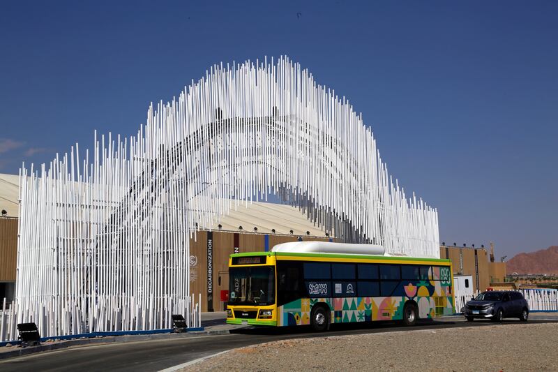 A new hybrid electric bus is parked at an entrance of the conference center complex for this year’s United Nations global summit on climate change, known as COP27,  in Sharm el-Sheikh, South Sinai, Egypt. AP Photo
