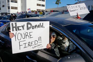 Supporters of President-elect Joe Biden and Vice President-elect Kamala Harris drive by as supporters of President Donald Trump rally in Beverly Hills, California. AP Photo