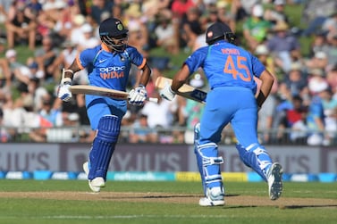 Shikhar Dhawan and Rohit Sharma in action during their 154-run partnership against New Zealand. Getty Images