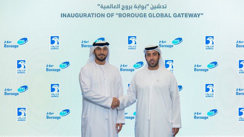 Captain Abdulkareem Al Masabi (left), chief executive of Adnoc L&S and Hazeem Al Suwaidi, chief executive of Borouge. Borouge, the joint venture between Adnoc and Austrian chemicals producer Borealis, continues to expand its production capacity in response to higher demand for its products. Photo: Borouge