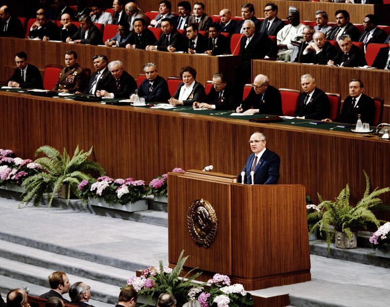 Gorbachev gives a speech in Moscow, during the 18th Congress of the USSR Trade Unions, in February 1987. AFP
