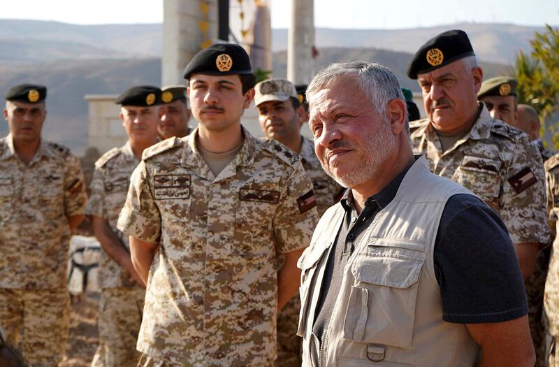 Jordanâ€™s King Abdullah II, second right, tours the Baqura enclave formerly leased by Israel with Crown Prince Hussein and military officers, Monday, Nov. 11, 2019. Jordanâ€™s decision not to renew the leases on the Baqura and Ghamr enclaves, known in Hebrew as Naharayim and Tzofar, were a fresh blow to Israel and Jordanâ€™s rocky relations 25 years after the two countries signed a peace deal. (Yousef Allan/Jordanian Royal Court via AP)