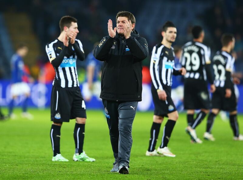 LEICESTER, ENGLAND - JANUARY 03:  John Carver, joint caretaker manager of Newcastle United applauds the fans after the FA Cup Third Round match between Leicester City and Newcastle United at The King Power Stadium on January 3, 2015 in Leicester, England.  (Photo by Matthew Lewis/Getty Images)