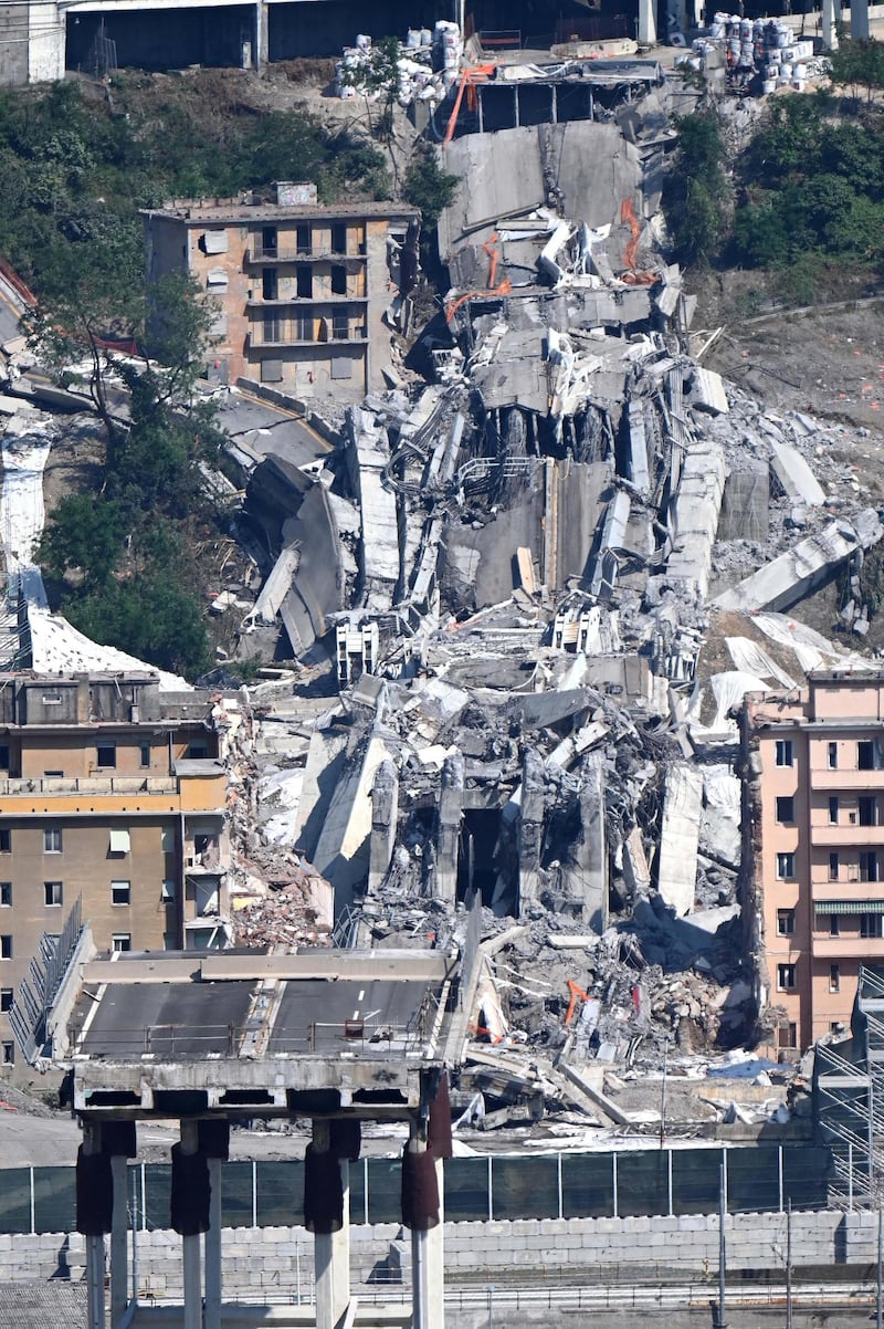 The demolition of the large towers '10' and '11' of the Morandi bridge using micro-explosive charges, in Genoa, northern Italy.  EPA