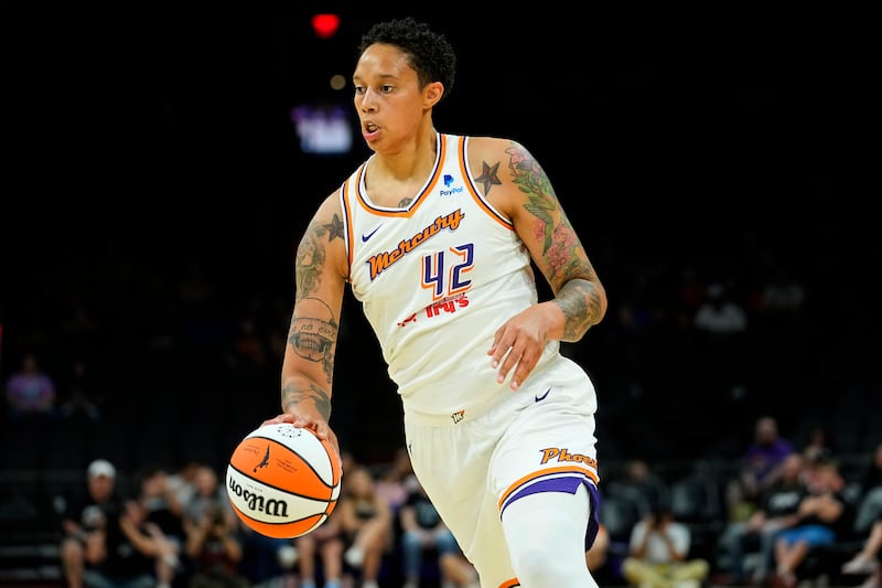 Phoenix Mercury centre Brittney Griner drives against the Los Angeles Sparks during the first half of a WNBA preseason basketball game in Phoenix. AP
