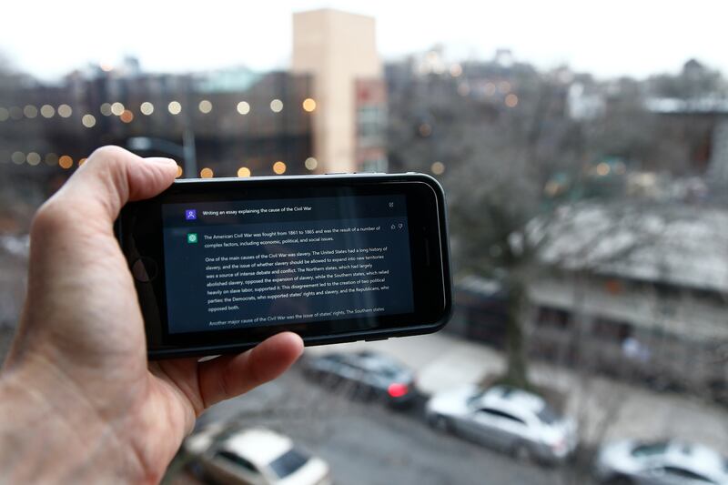 A ChatGPT prompt is shown on a device in Brooklyn, New York. AP