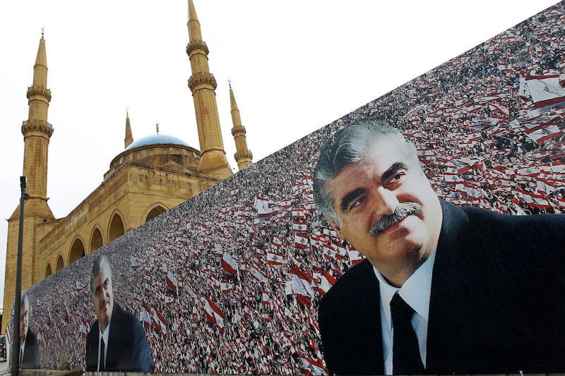 A giant poster of former prime minister Rafik Hariri, pictured on February 13, 2015, has been put up near his tomb in downtown Beirut for the tenth anniversary of his assassination. Nabil Mounzer/EPA